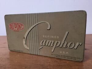Vintage DuPont Refined Camphor USP 32 Tablet Rectangular Metal Tin Empty